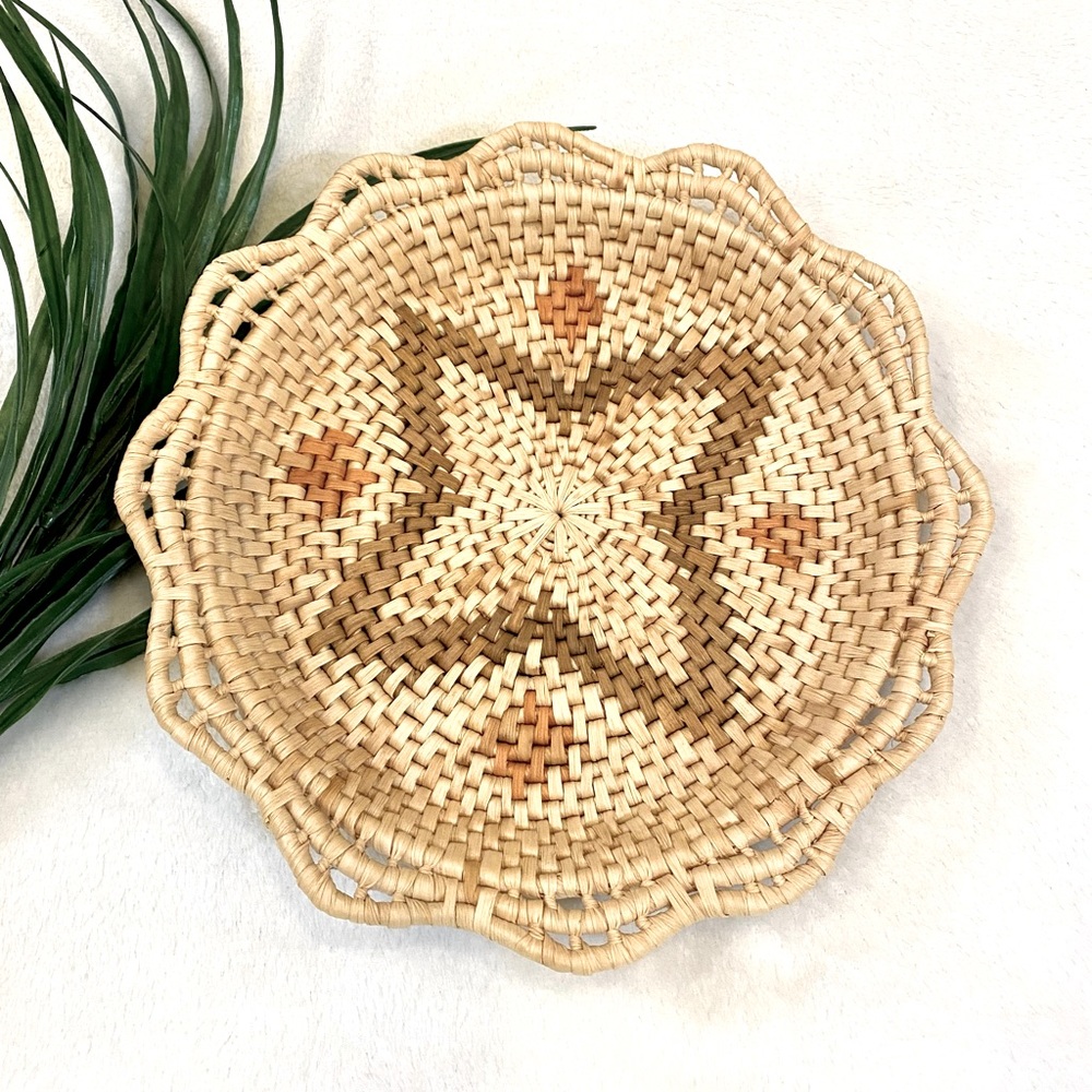 Vintage Woven Wicker Basket Brown Flower Design